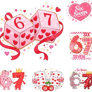 May include: Pink dice with red heart accents and the numbers 6 and 7. A red ribbon weaves between the dice, surrounded by hearts and sparkles. The image has a Valentine's Day theme.
