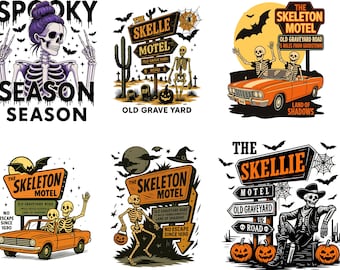 Imágenes prediseñadas de Motel Skellie, PNG divertido de Halloween, SVG divertido de esqueleto de Halloween, PNG de cementerio de esqueletos, Calabaza de Halloween, Png vintage de Halloween