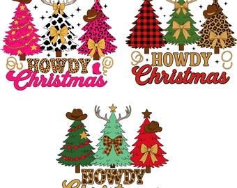 Howdy Christmas Png, Cowgirl Western Christmas Trees Png, Pink Leopard Coquette Xmas Bow Png, Cute Country Shirt Design, Holiday Sublimation