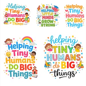 Pode incluir: Várias ilustrações coloridas com os textos "Ajudando Pequenos Humanos a Fazer Grandes Coisas" e "Ajudando Mentes Pequenas a Crescer Fortes". As imagens apresentam crianças, arco-íris e estrelas.