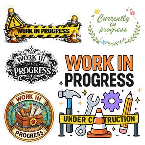 May include: A collection of digital illustrations with the text "Work in Progress" and "Under Construction". The images include construction cones, tools, and decorative elements. The color palette includes yellow, orange, and blue.