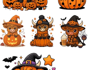 May include: A collection of Halloween-themed illustrations featuring cartoon Highland cows. The cows are adorned with witch hats, heart-shaped sunglasses, and scarves, and are surrounded by pumpkins, bats, and black cats. Some cows are holding drinks.