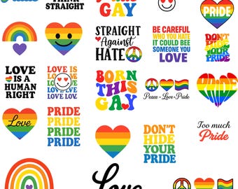 May include: A collection of colorful Pride-themed graphics. Designs include rainbows, hearts, and text such as "Pride," "Love," and "Equality." The images feature various fonts and styles, celebrating LGBTQ+ pride.