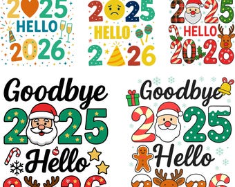 Frohes Neues Jahr Png, Hallo 2026 Auf Wiedersehen 2025 SVG Bundle, Neujahr Party Shirt Design, Trendige Neujahr Weihnachten für Cricut, digitaler Download