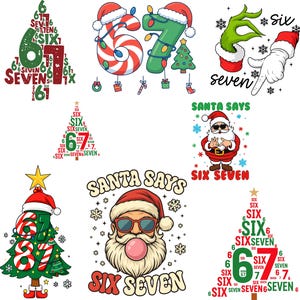 Op de afbeelding: Een verzameling kerstafbeeldingen met de getallen zes en zeven. Ontwerpen omvatten kerstbomen, de kerstman en Grinch-achtige handen. Tekst bevat "Santa Says" en de cijfers uitgeschreven.