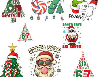 Könnte beinhalten: Eine Sammlung weihnachtlicher Grafiken mit den Zahlen sechs und sieben. Designs umfassen Weihnachtsbäume, den Weihnachtsmann und Grinch-ähnliche Hände. Der Text enthält "Santa Says" und die ausgeschriebenen Zahlen.