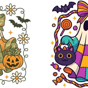 May include: Two Halloween-themed illustrations. One features a ghost in a patchwork costume holding a pumpkin basket, surrounded by bats, daisies, and a bow. The other shows a ghost with a cat-shaped treat bag, lollipops, and candy.