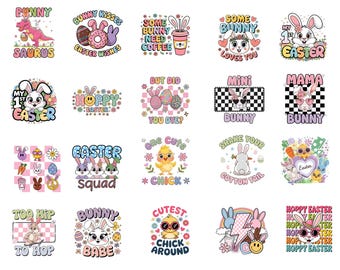 Paquete de imágenes PNG de Pascua, imágenes PNG de Pascua para niños, imágenes prediseñadas de dibujos animados de Pascua, imágenes SVG de conejito de Pascua, ilustración retro de Pascua para niños