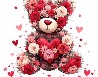 Happy Valentine Day, Floral Valentine Bear Svg, Faux Yarn Valentine's Day Teddy Bear Png, Valentines Png Heart Design, Red Flowers Love Png