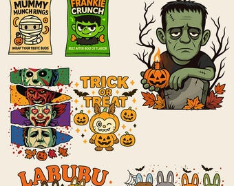 Pacote de personagens engraçados de Halloween em PNG: Zumbi, Abóbora, Gostosuras ou Travessuras (Arquivos Digitais)