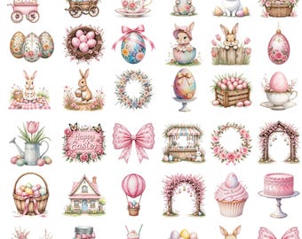 Watercolor Easter PNG Bundle, Easter Cottagecore, Whimsical Easter Svg, Easter Farmhouse, Pink Whimsical Cottagecore Easter Illustration