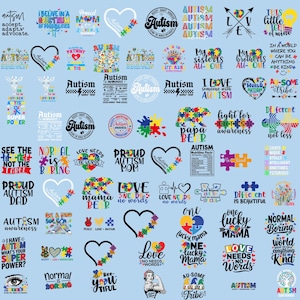 Könnte beinhalten: Ein blauer Hintergrund mit einer Vielzahl von bunten Designs und Texten zum Thema Autismus-Bewusstsein. Die Designs beinhalten Puzzle-Teile, Herzen und andere Symbole. Der Text enthält Sätze wie "Liebe braucht keine Worte", "Stolze Autismus-Mama" und "Autismus-Bewusstsein".