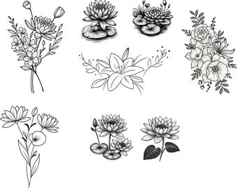 Birth Flower Bouquet, Family Birth Month Tattoo Design, Flower Bouquet Print Custom Birthday Gift, Digital Download, Water Lily Svg