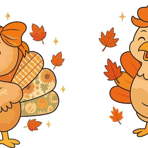 Könnte beinhalten: Zwei Cartoon-Truthähne mit orangefarbenen Schleifen, die lächeln und von Herbstblättern umgeben sind. Ein Truthahn hat gemusterte Federn, der andere hat durchgehend orangefarbene Federn. Beide haben rote Kehllappen und gelbe Schnäbel. Thanksgiving- oder Herbstthema.