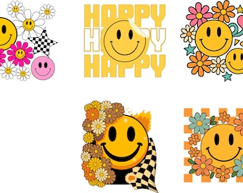 Smiley Face PNG Bundle, Spring flower smiley face, Floral happy face, Checkered Smiley Png, Retro Smile Face Clipart, Digital Download