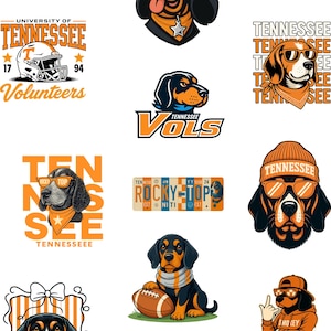 Puede incluir: Colección de gráficos temáticos de los Tennessee Volunteers con perros con gafas de sol, pañuelos y sombreros. Incluye un casco de fútbol, una matrícula y las palabras "Volunteers" y "Rocky Top".