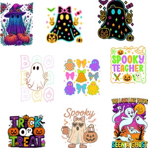 Fantasma Spooky Boo Png, stampa a sublimazione rosa neon di Halloween, fiocco di Halloween Girly Coquette, maglietta di Halloween con glitter preppy Png, zucca autunnale retrò