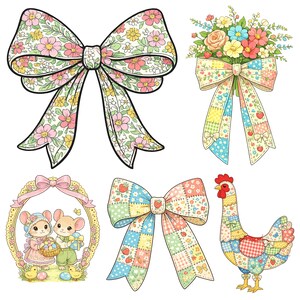 以下が含まれることがあります： カラフルで気まぐれなイラストのコレクション。リボン、花束、鶏が描かれています。リボンは花柄とパッチワーク模様です。花束にはバラなどの花があります。鶏はパッチワークで作られています。