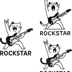 May include: A black and white illustration features a cartoon cat playing a guitar and making a rock and roll hand gesture. The word "ROCKSTAR" is below each cat image. The cat is white with black accents.