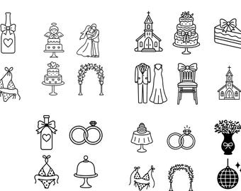 Whimsical Wedding SVG Clipart Bundle with Illustrations, Icons, Doodles for Wedding Invitations, Menu, Bridal Invites, Wavy Squiggle Borders