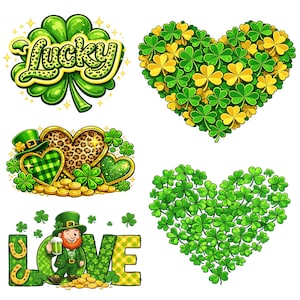 May include: A selection of St. Patrick's Day graphics. Features a shamrock with the word "Lucky", heart shapes made of shamrocks, and a leprechaun with the word "Love". Gold coins and green accents are used throughout.