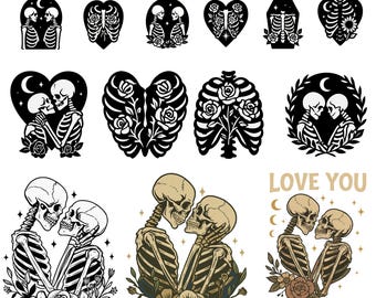 May include: A collection of black and white illustrations featuring skeletons in various poses. Some designs include skeletons embracing, within hearts, coffins, and rib cages, with floral accents and the text "Love You Till Death."