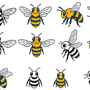 May include: A collection of cartoon bees in various poses. Some bees are black and white, while others feature yellow and black stripes with blue accents. All have detailed wings and antennae.