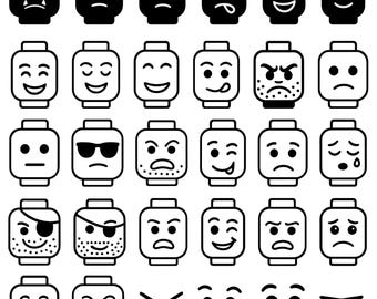 May include: A collection of black and white Lego-style heads with various facial expressions. The expressions range from happy and smiling to angry and sad, including winking, sticking out tongues, and wearing sunglasses. The heads are arranged in rows and columns.
