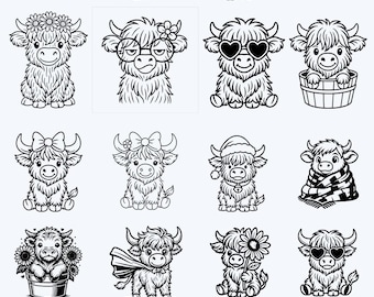 Highland Cow Png, Cute Highland Cow Svg Bundle, Baby Cow Clipart, Highland Cow for Cricut, Vintage Cow Stickers, Animal sublimation design