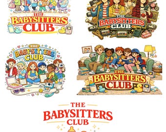 May include: A collection of colorful illustrations featuring the text "The Babysitters Club." The images depict children, baby bottles, ducks, and retro technology like VHS tapes and cassette players. The overall theme is a nostalgic children's book or cartoon.
