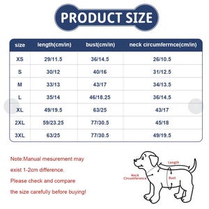 Puede incluir: Un gr&aacute;fico que muestra las tallas de ropa para perros en pulgadas y cent&iacute;metros. El gr&aacute;fico incluye las tallas XS, S, M, L, XL, 2XL y 3XL. El gr&aacute;fico muestra la longitud, el pecho y la circunferencia del cuello para cada talla.