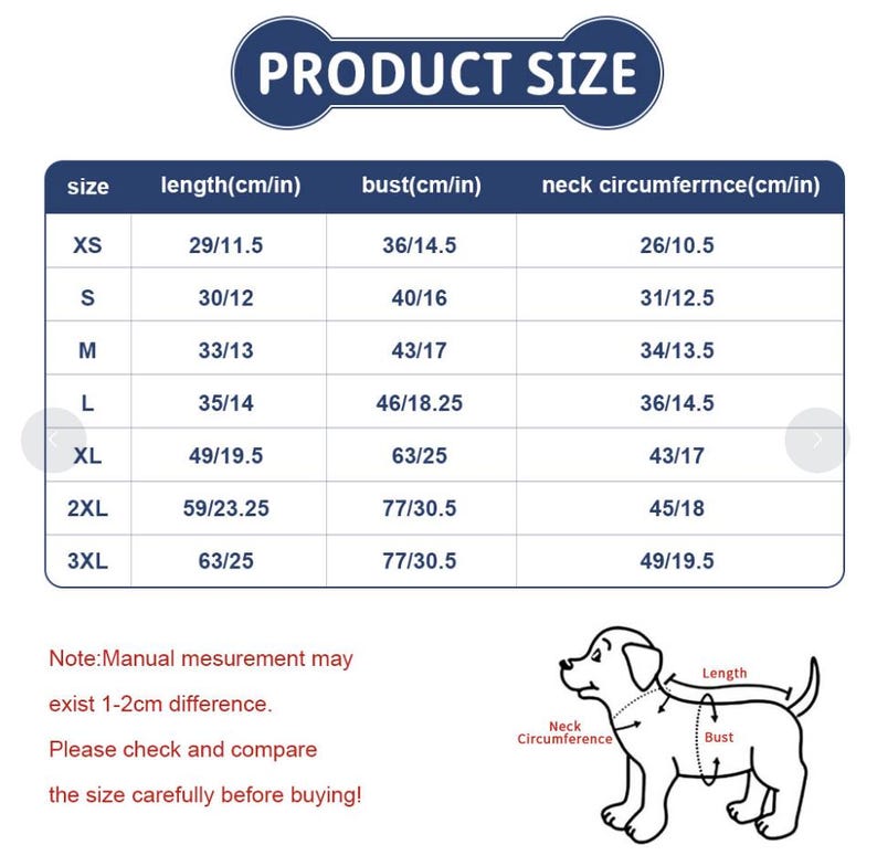 Puede incluir: Un gr&aacute;fico que muestra las tallas de ropa para perros en pulgadas y cent&iacute;metros. El gr&aacute;fico incluye las tallas XS, S, M, L, XL, 2XL y 3XL. El gr&aacute;fico muestra la longitud, el pecho y la circunferencia del cuello para cada talla.