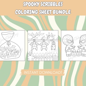 Może przedstawiać: Zestaw trzech czarno-białych stron do kolorowania z motywami Halloween. Pierwsza strona przedstawia torbę wypełnioną halloweenowymi smakołykami, druga strona przedstawia nietoperze wiszące na gałęzi drzewa, a trzecia strona przedstawia dwie kreskówkowe postacie Spider-Mana trzymające cukierki.