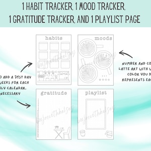 May include: Printable planner pages for habit tracking, mood tracking, gratitude journaling, and playlist planning. Each page features a unique design with a coffee theme.