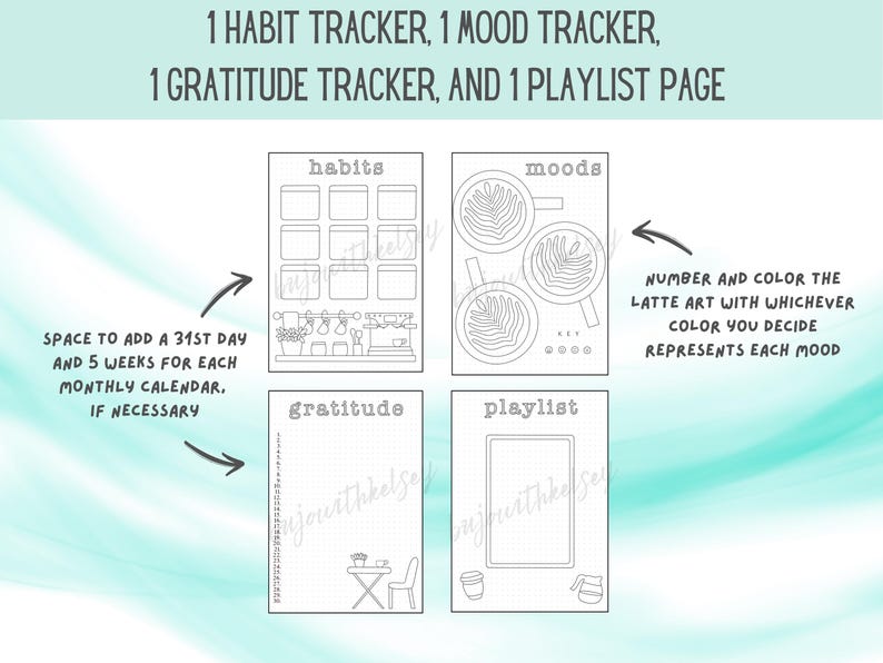 May include: Printable planner pages for habit tracking, mood tracking, gratitude journaling, and playlist planning. Each page features a unique design with a coffee theme.