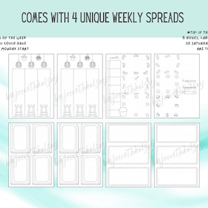 May include: Four different weekly planner spreads with black outlines. The first spread has a row of three windows with hanging plants and stools underneath. The second spread has a row of three windows with hanging plants and stools underneath. The third spread has a column of five boxes with the word "events" at the top and a cupcake at the bottom. The fourth spread has a column of five boxes with various baking-themed icons. The fifth spread has a row of three boxes with the text "BLANK DAYS OF THE WEEK SO THAT YOU COULD HAVE A SUNDAY OR MONDAY START". The sixth spread has a row of three boxes with the text "TIP: IF THERE ARE ONLY 6 BOXES, LABEL IT "WEEKEND" SO SATURDAY AND SUNDAY ARE TOGETHER". The seventh spread has a row of three boxes with the text "happiness is homemade".