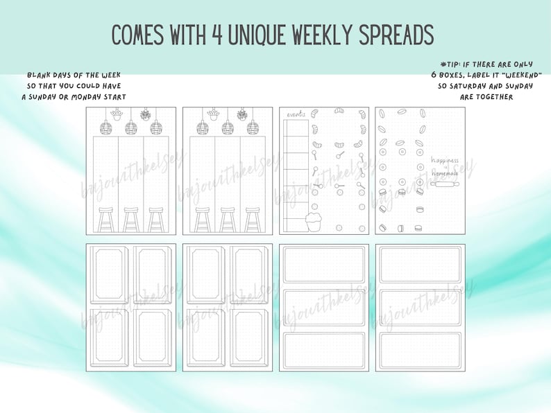 May include: Four different weekly planner spreads with black outlines. The first spread has a row of three windows with hanging plants and stools underneath. The second spread has a row of three windows with hanging plants and stools underneath. The third spread has a column of five boxes with the word "events" at the top and a cupcake at the bottom. The fourth spread has a column of five boxes with various baking-themed icons. The fifth spread has a row of three boxes with the text "BLANK DAYS OF THE WEEK SO THAT YOU COULD HAVE A SUNDAY OR MONDAY START". The sixth spread has a row of three boxes with the text "TIP: IF THERE ARE ONLY 6 BOXES, LABEL IT "WEEKEND" SO SATURDAY AND SUNDAY ARE TOGETHER". The seventh spread has a row of three boxes with the text "happiness is homemade".