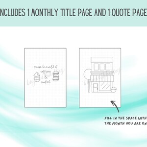 May include: A printable bullet journal page with a black and white illustration of a coffee shop. The text "escape to a world of caffeine & comfort" is written on the page. The page is designed to be used as a monthly title page.