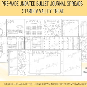 Peut inclure: Un ensemble de seize pages de carnet de notes à imprimer en noir et blanc sur le thème de Stardew Valley. Les mises en page incluent des suivis d'habitudes et d'humeur, des calendriers d'événements, des journaux de gratitude et des sections de notes.