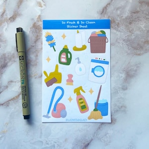 May include: A sticker sheet with a blue background and the text "So Fresh & So Clean Sticker Sheet". The sheet features various cleaning-themed illustrations, including a vacuum cleaner, a broom, a bottle of cleaning solution, a washing machine, and a basket of laundry.