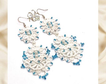 Tatting Earrings - White and Blue