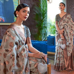 Olive Green Floral Banarasi Saree, Copper Zari Woven Silk Saree, Bridal Saree, Designer Saree, Sari Blouse, Indian Saree