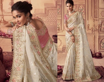 White with Pink Designer Saree, Saree with Cut Work Boarder includes Floral and Sequins Embellishments