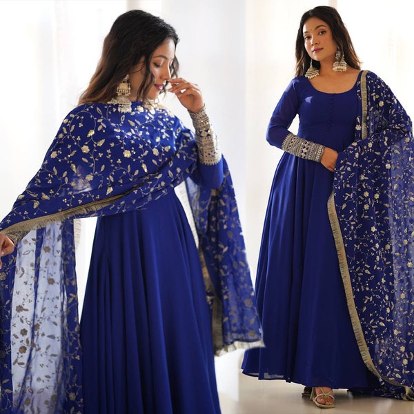 Royal Blue Anarkali Suit with Pant and Floral Designer Dupatta, Indian Suits, Pakistani Suits, Salwar Suit, Indo-western