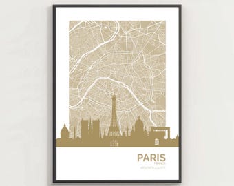 Paris - Map and skyline - Home Decor Poster, Gift, Travel Souvenir, Wall Art