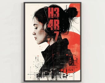 HEAR T - Japanese style Girl Art Print, Wall Art, Artwork, Decor, Fictional Poster, Sci-fi Poster, High Quality Print, Anime Poster, Japan