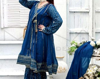 Elegant Chiffon Embroidered Gharara Suit | Traditional Pakistani Gharara Dress for Parties, Weddings & Parties | Pakistani Eid Suit