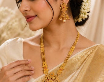 Rajwadi Necklace Set with Jhumka Earrings | Indian Pakistani Traditional Jewelry Set | Antique Gold Pendant Necklace | Wedding Jewelry