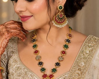 Emerald Green Nauratan Mala Set | Pakistani Indian Bridal Jewelry Set | Nauratan Necklace with Earrings | Traditional Wedding Jewelry