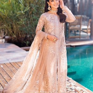 Pakistani Designer Beige Chiffon Suit – Embroidered Ready-to-Wear Salwar Kameez | Pakistani Shalwar Kameez | Pakistani Party Wear Eid Suit